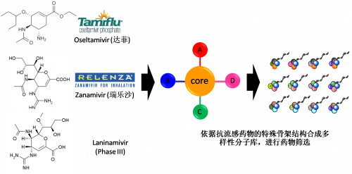 图2：以现有抗流感药物的结构为基础，进行多样性药物分子库的合成。